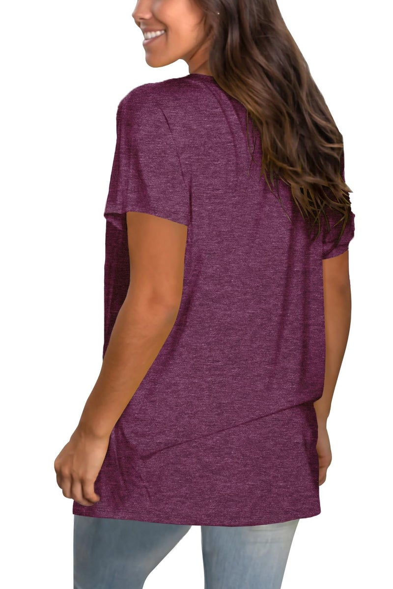 Sipaya Spring T Shirts for Women V Neck Solid Color Tee Cute Short Sleeve Tops Fuchsia M - Image 4